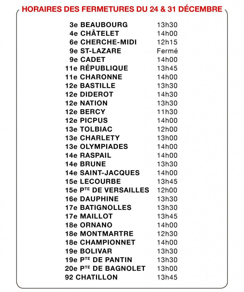 horaires fermetures 24 et 31 dec