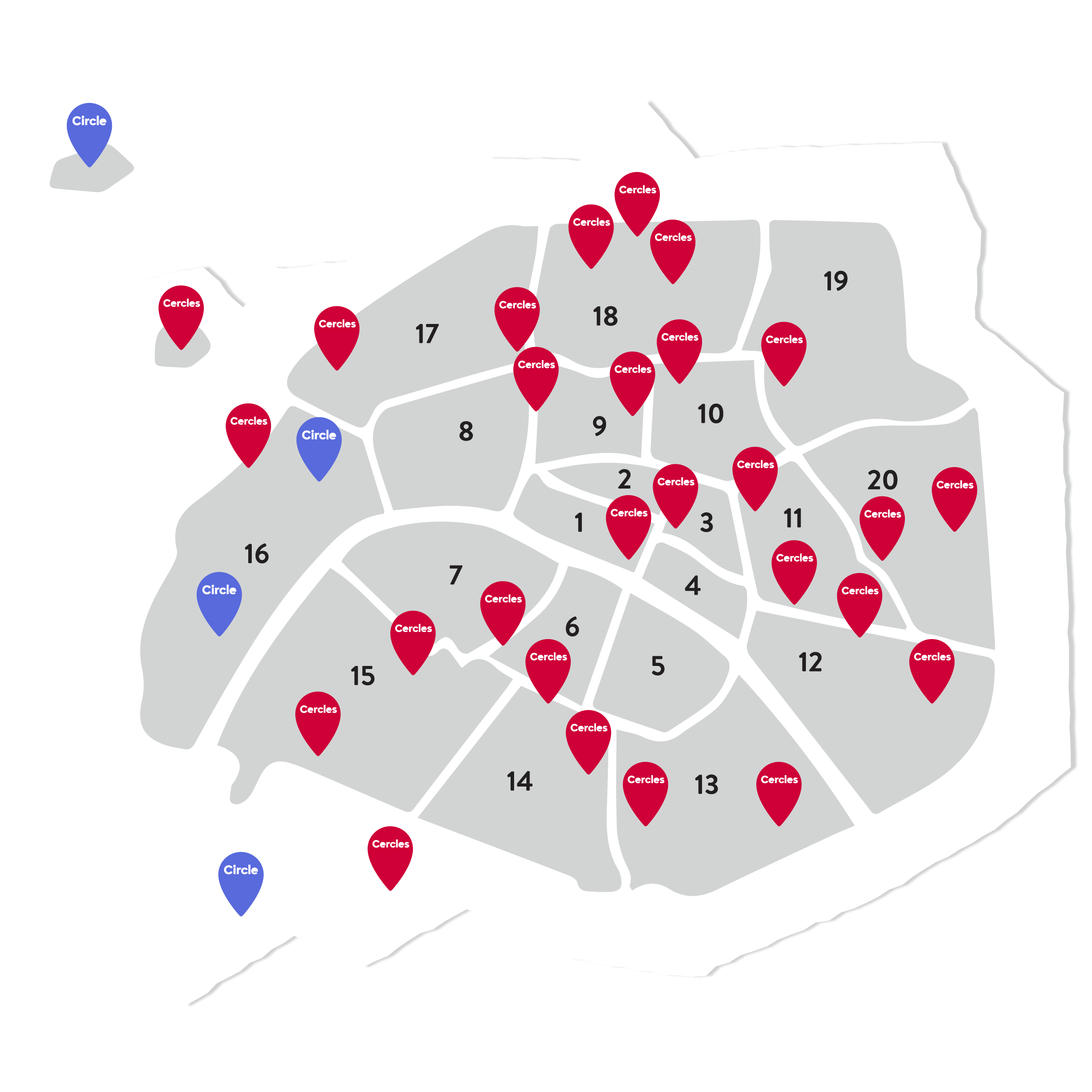 Carte des 28 salles de sport Cercles de la Forme à Paris